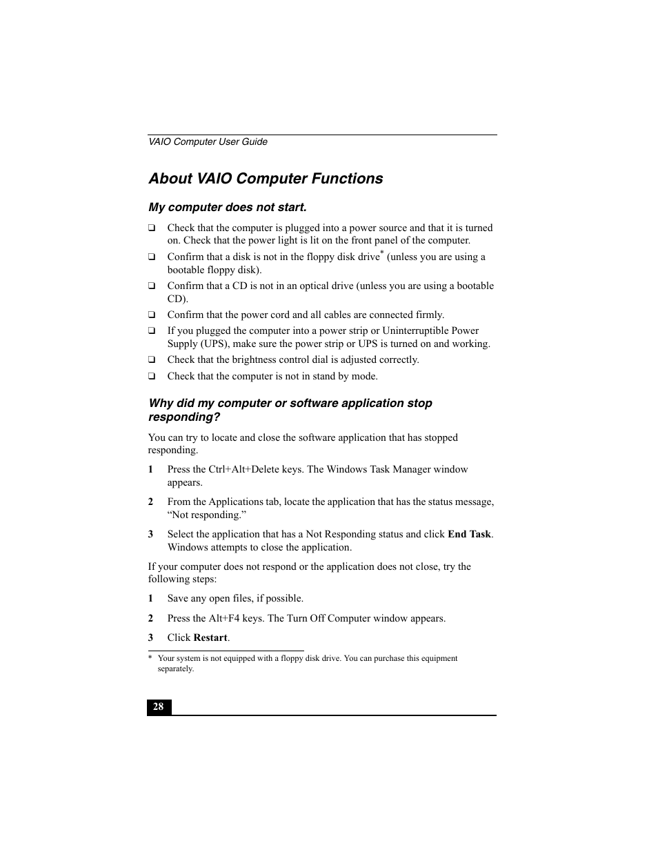 About vaio computer functions | Sony PCV-W10 User Manual | Page 28 / 76