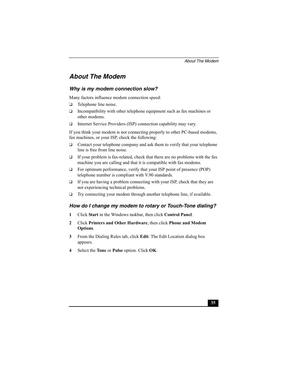 About the modem | Sony PCV-W10 User Manual | Page 35 / 76