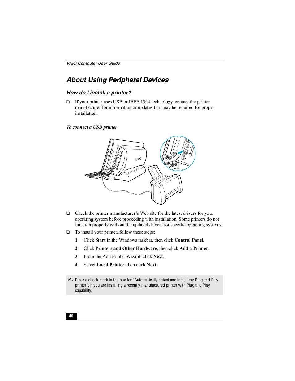 About using peripheral devices peripheral devices | Sony PCV-W10 User Manual | Page 40 / 76