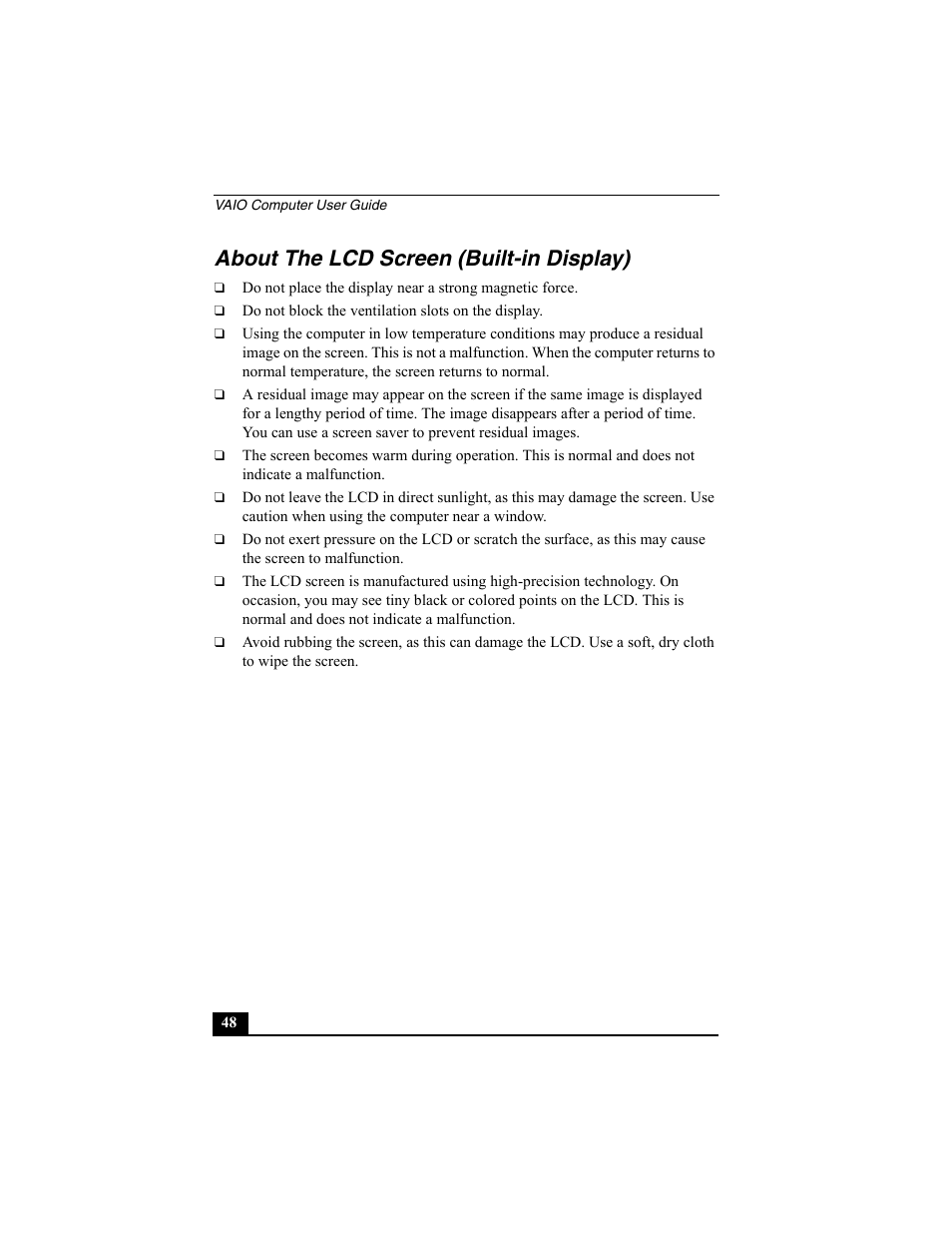 About the lcd screen (built-in display) | Sony PCV-W10 User Manual | Page 48 / 76