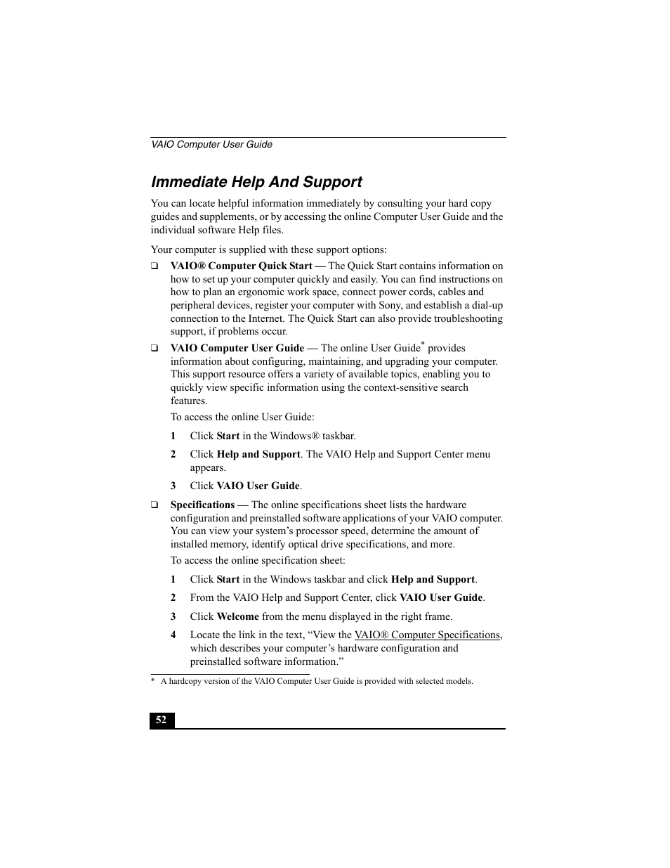 Immediate help and support | Sony PCV-W10 User Manual | Page 52 / 76