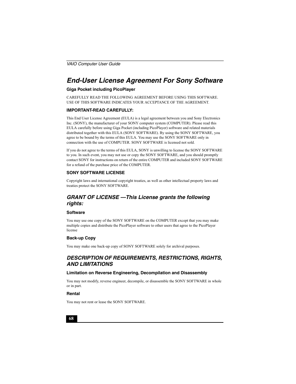 End-user license agreement for sony software | Sony PCV-W10 User Manual | Page 68 / 76