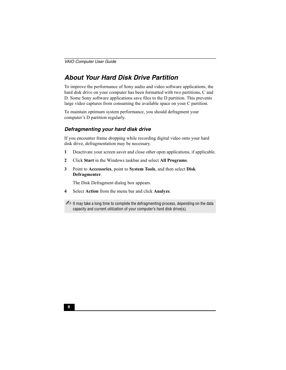 About your hard disk drive partition | Sony PCV-W10 User Manual | Page 8 / 76