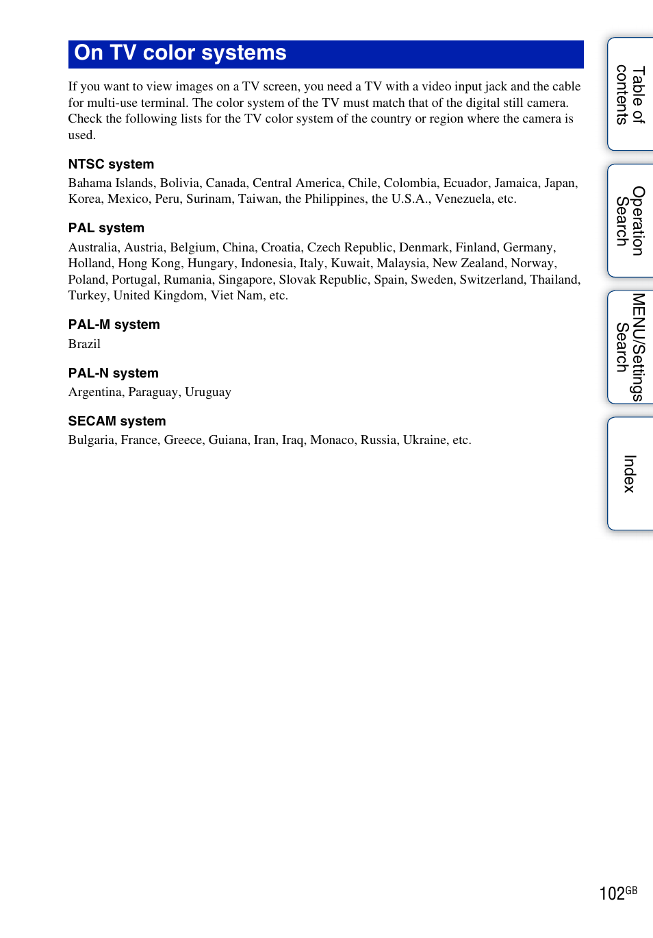 On tv color systems | Sony Cyber-shot 4-172-679-12(1) User Manual | Page 102 / 132