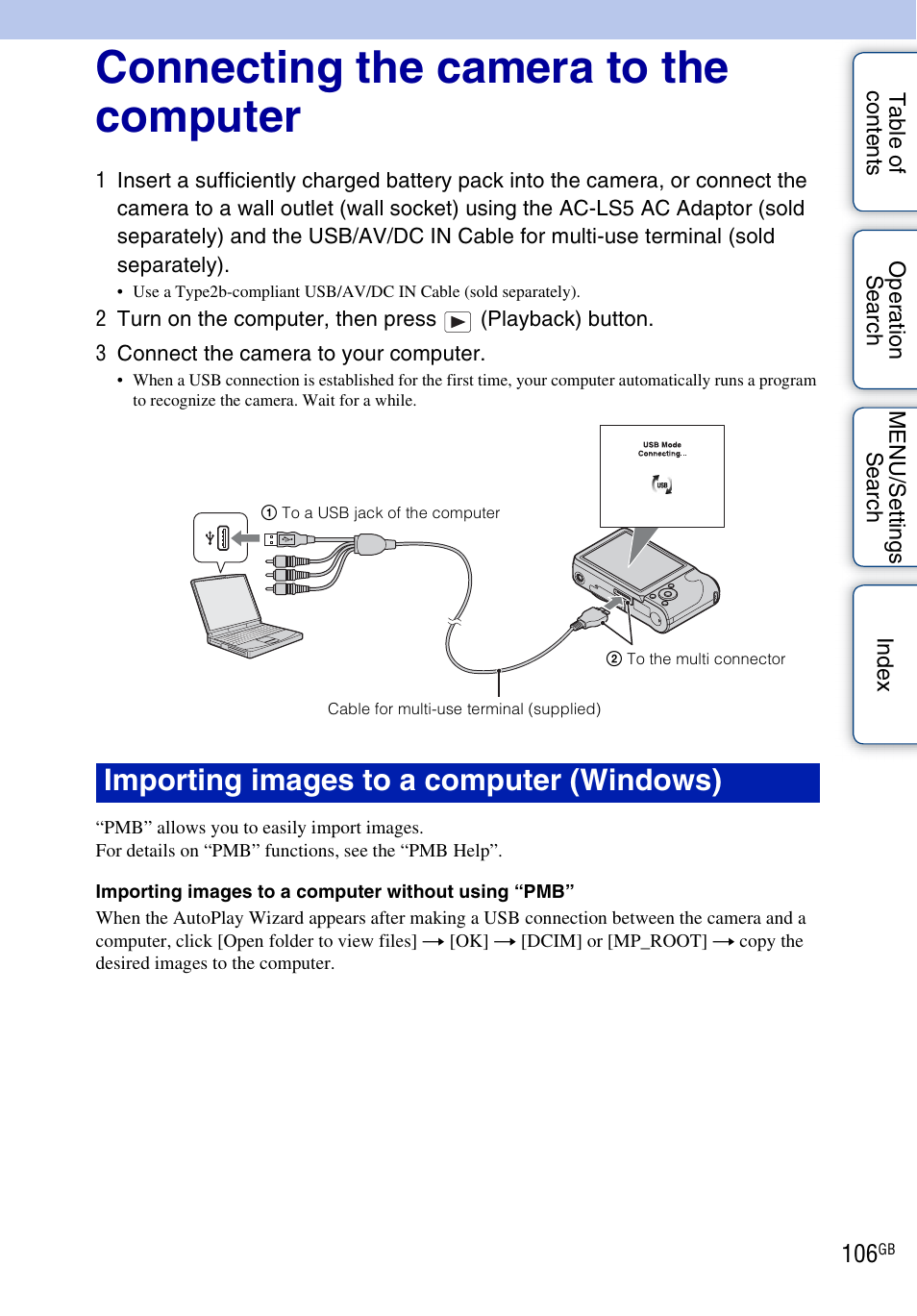 Connecting the camera to the computer, 106 w, Importing images to a computer (windows) | Sony Cyber-shot 4-172-679-12(1) User Manual | Page 106 / 132