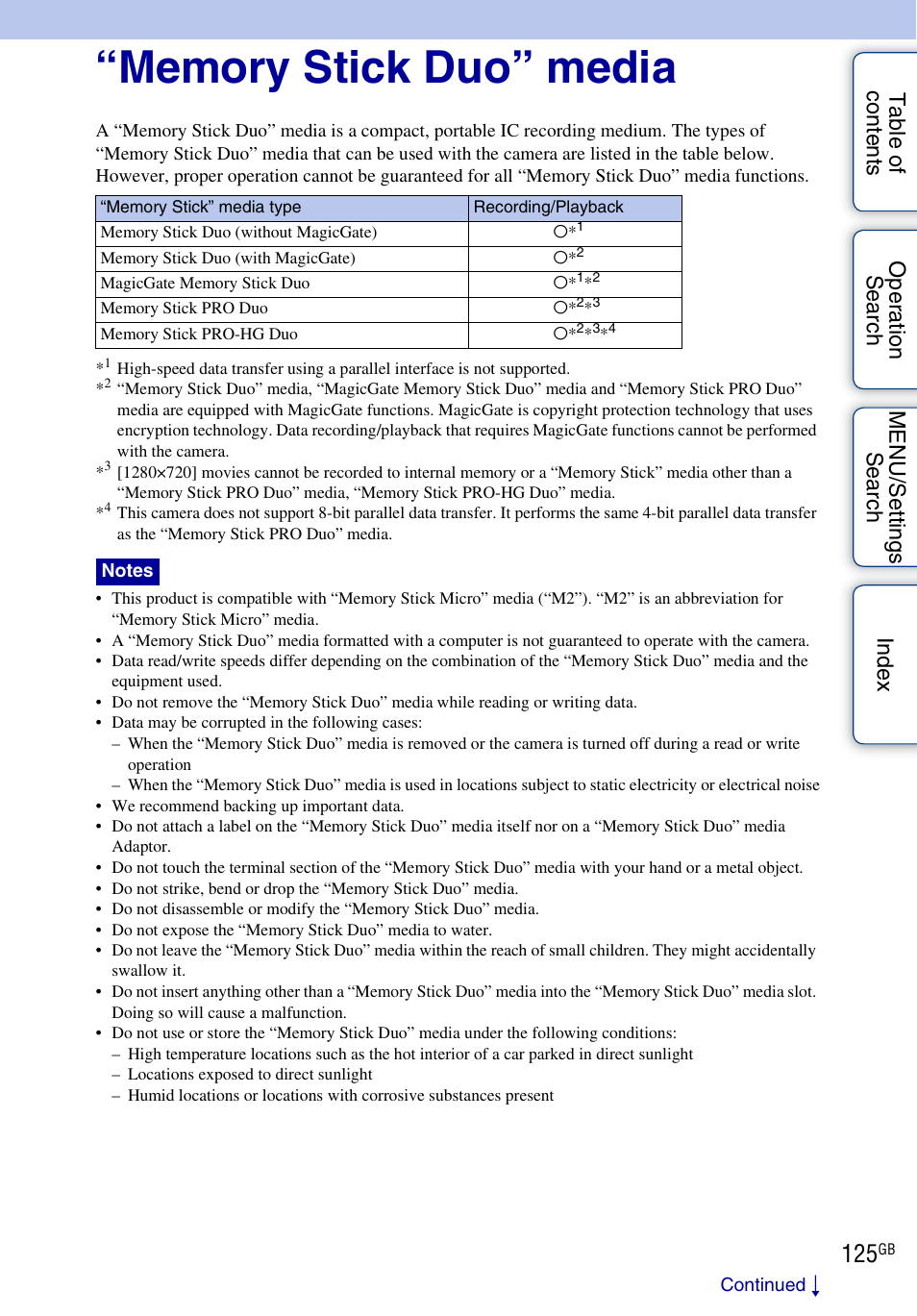 Memory stick duo” media | Sony Cyber-shot 4-172-679-12(1) User Manual | Page 125 / 132