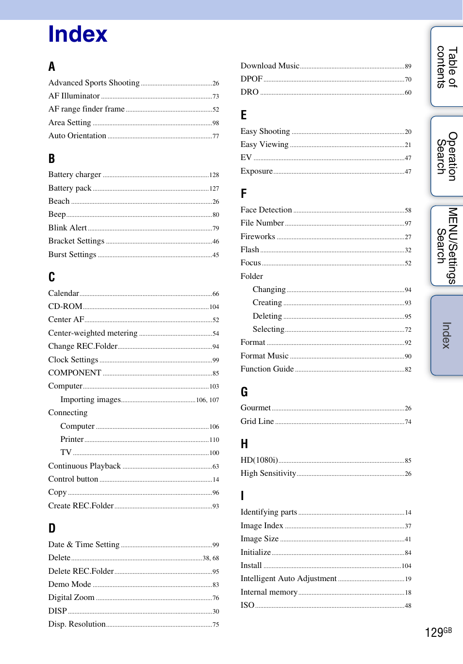 Index, De x | Sony Cyber-shot 4-172-679-12(1) User Manual | Page 129 / 132