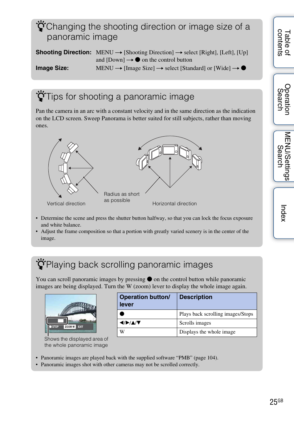 Tips for shooting a panoramic image, Playing back scrolling panoramic images | Sony Cyber-shot 4-172-679-12(1) User Manual | Page 25 / 132