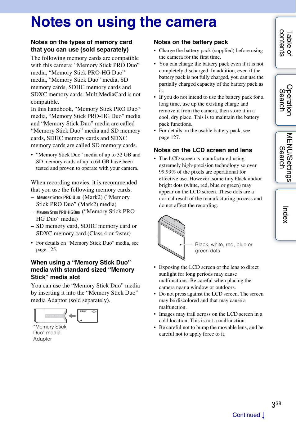 Notes on using the camera | Sony Cyber-shot 4-172-679-12(1) User Manual | Page 3 / 132