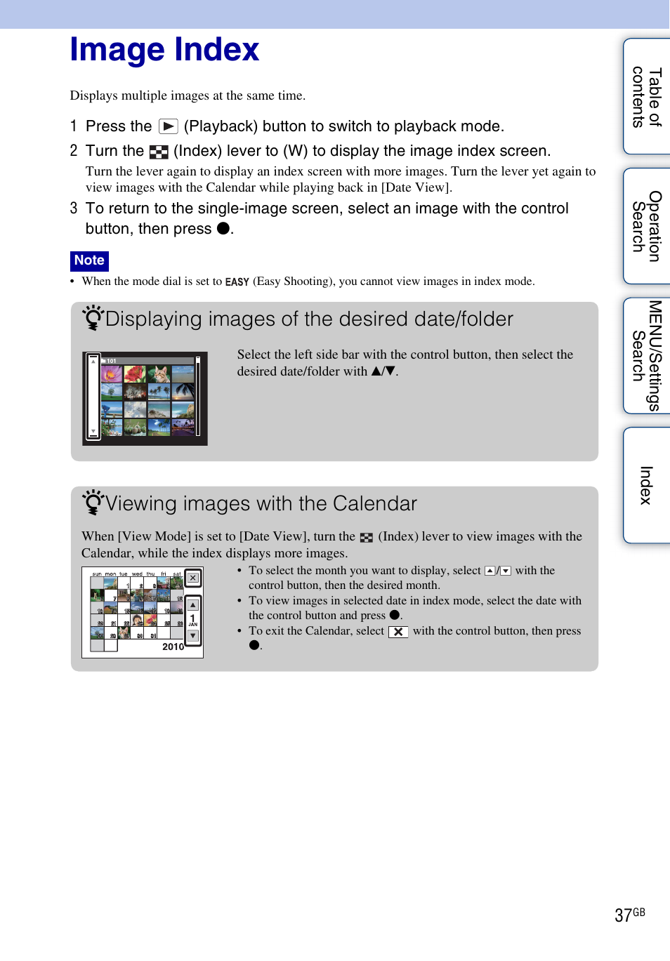 Image index, Displaying images of the desired date/folder, Viewing images with the calendar | Sony Cyber-shot 4-172-679-12(1) User Manual | Page 37 / 132