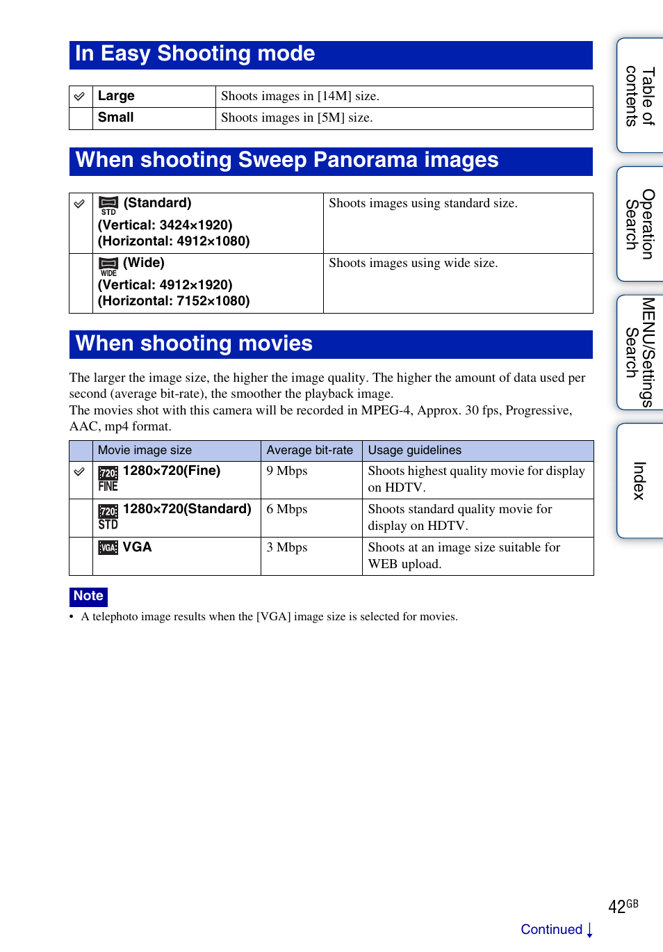 When shooting sweep panorama images, When shooting movies | Sony Cyber-shot 4-172-679-12(1) User Manual | Page 42 / 132