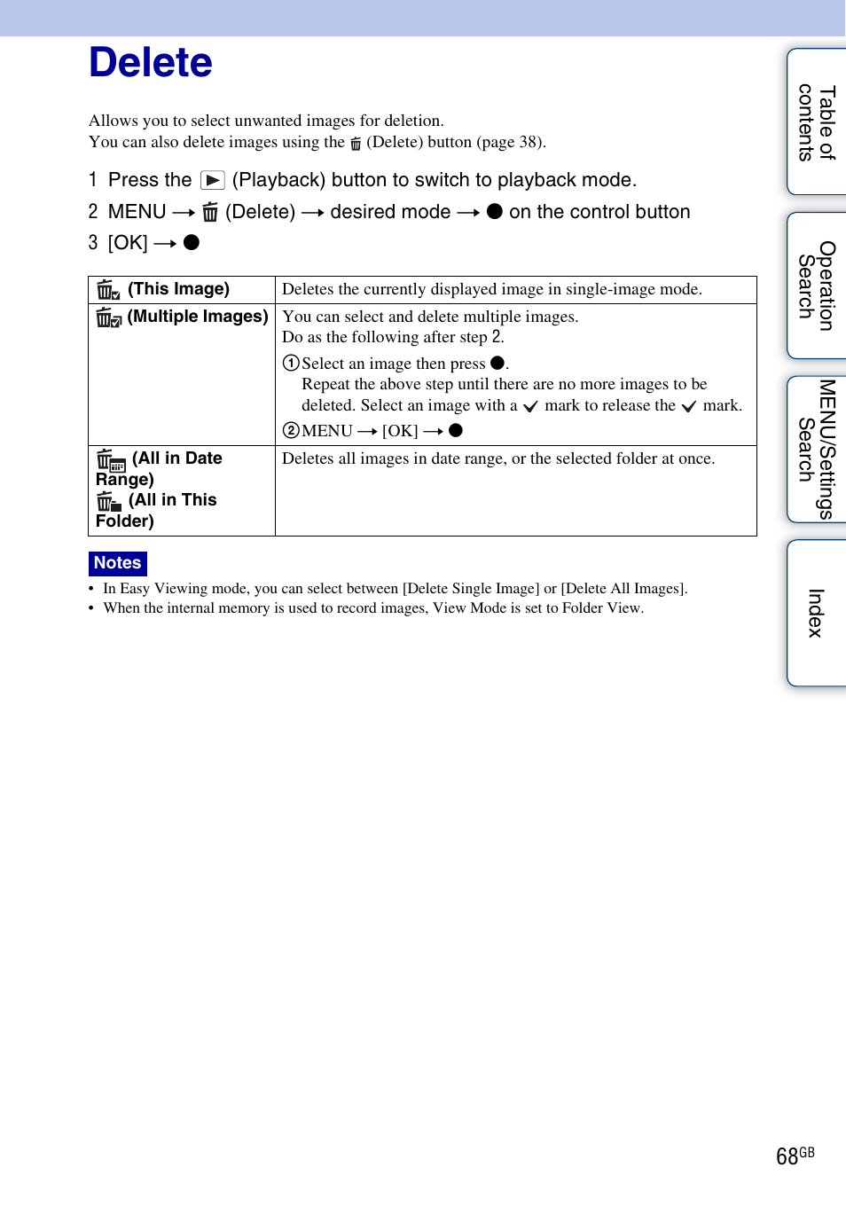 Delete, Delete) | Sony Cyber-shot 4-172-679-12(1) User Manual | Page 68 / 132