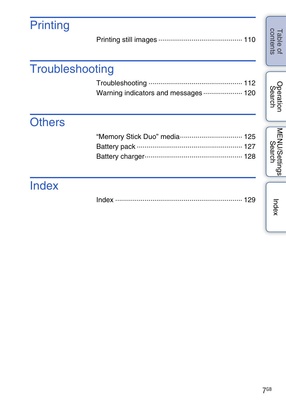 Printing, Troubleshooting, Others | Index | Sony Cyber-shot 4-172-679-12(1) User Manual | Page 7 / 132