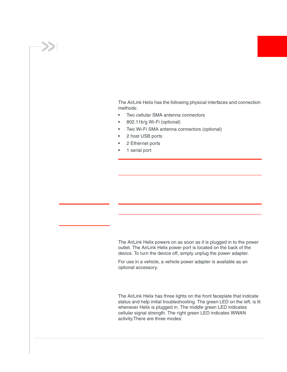 Hardware overview, Physical interfaces, Turning on the airlink helix | Status lights | Sony AIRLINK HELIX 2140847 User Manual | Page 15 / 63