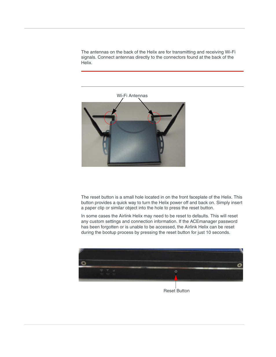 Wi-fi antennas, Reset button | Sony AIRLINK HELIX 2140847 User Manual | Page 18 / 63