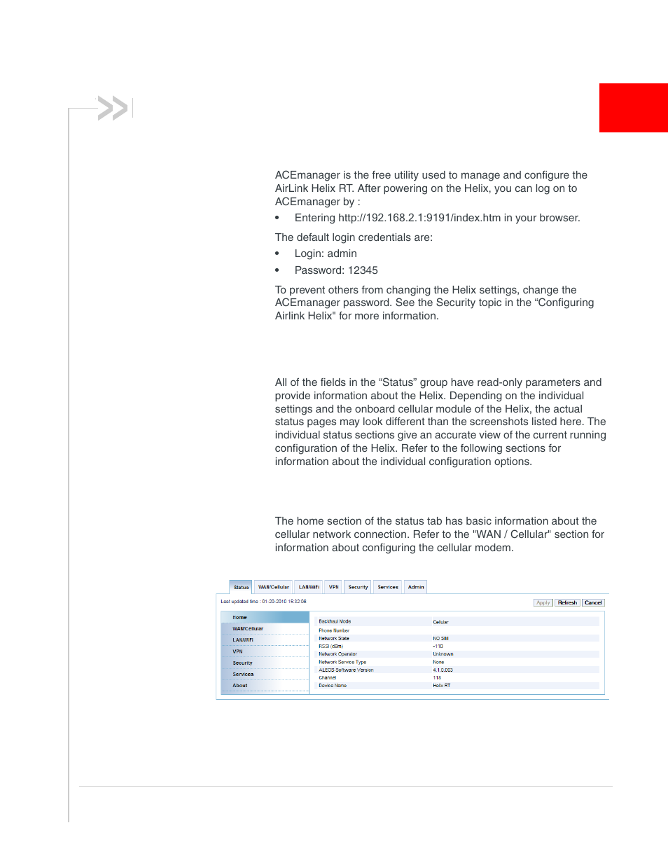 Configuring airlink helix, Acemanager, Status | Home | Sony AIRLINK HELIX 2140847 User Manual | Page 25 / 63