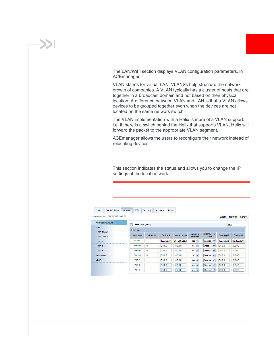 Configuring lan/wifi, Lan/wifi, Addressing/vlan | Sony AIRLINK HELIX 2140847 User Manual | Page 35 / 63
