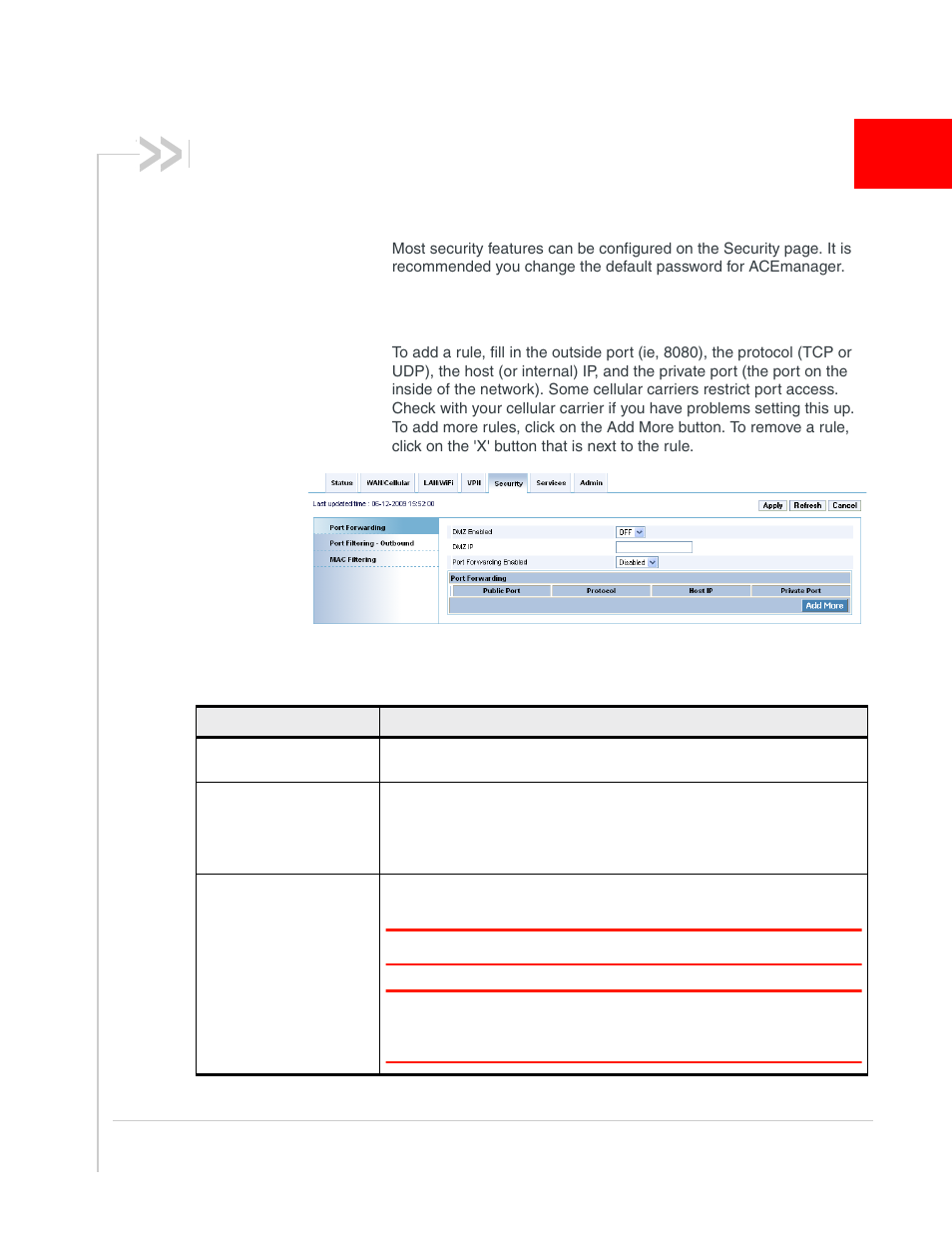Configuring security, Security, Port forwarding and dmz | Sony AIRLINK HELIX 2140847 User Manual | Page 47 / 63