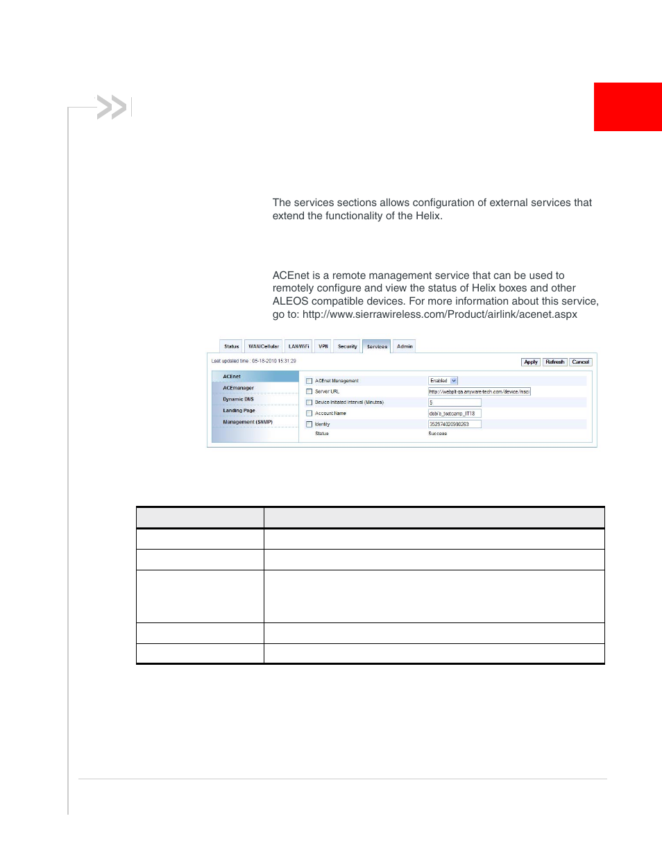 Configuring services, Services, Acenet | Sony AIRLINK HELIX 2140847 User Manual | Page 49 / 63