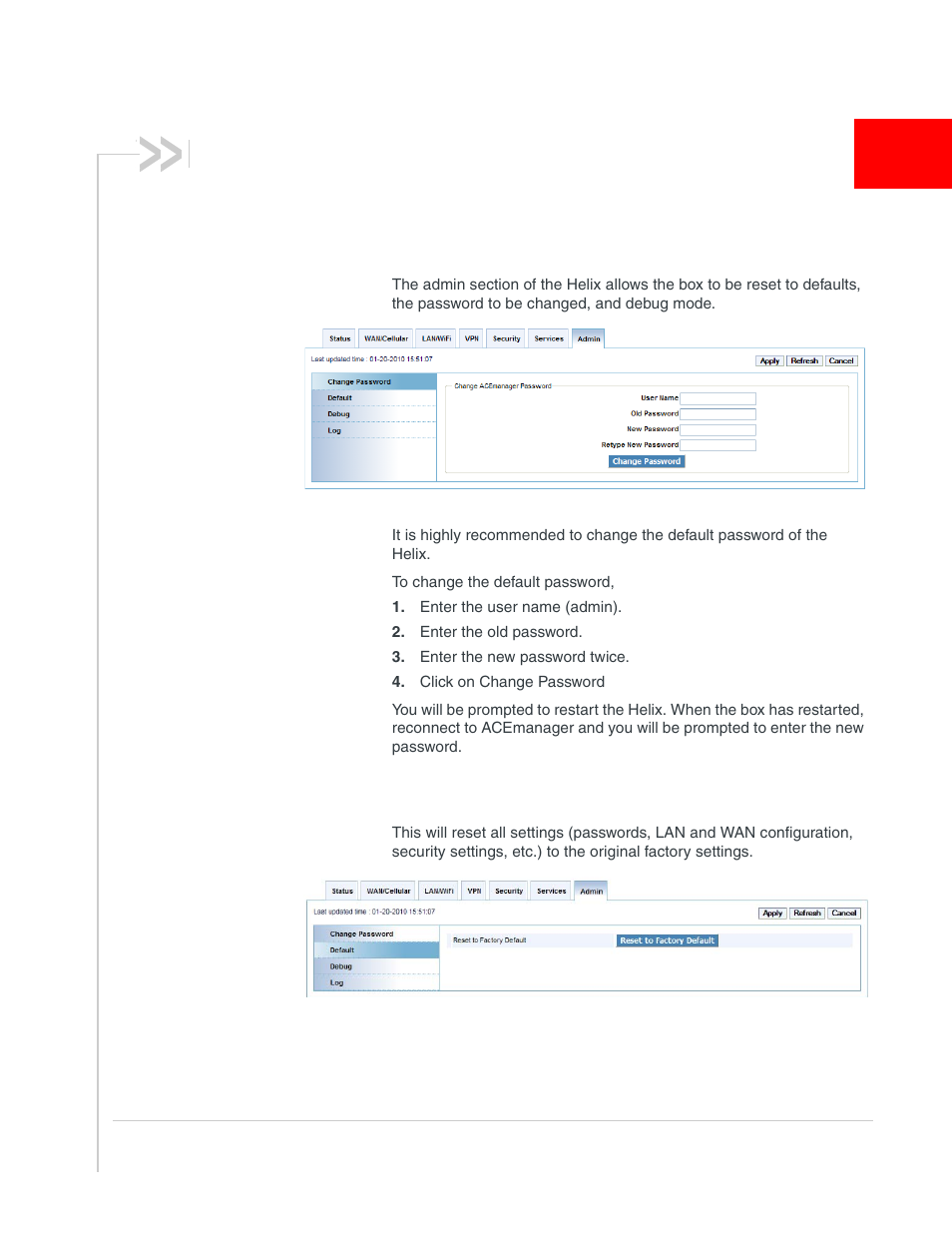 Configuring admin, Admin, Defaults | Sony AIRLINK HELIX 2140847 User Manual | Page 53 / 63