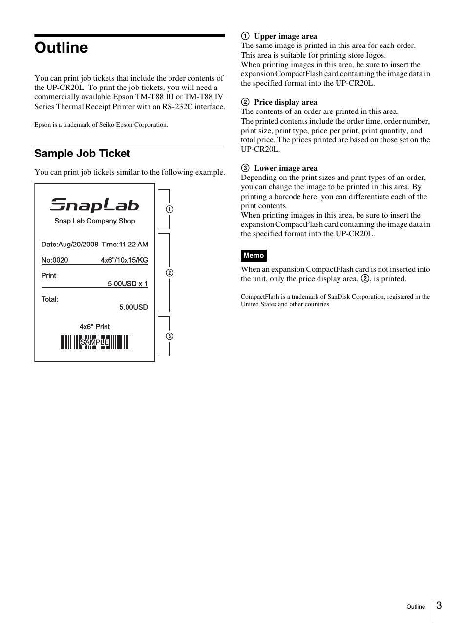 Outline, Sample job ticket | Sony SNAPLAB UP-CR20L User Manual | Page 3 / 6