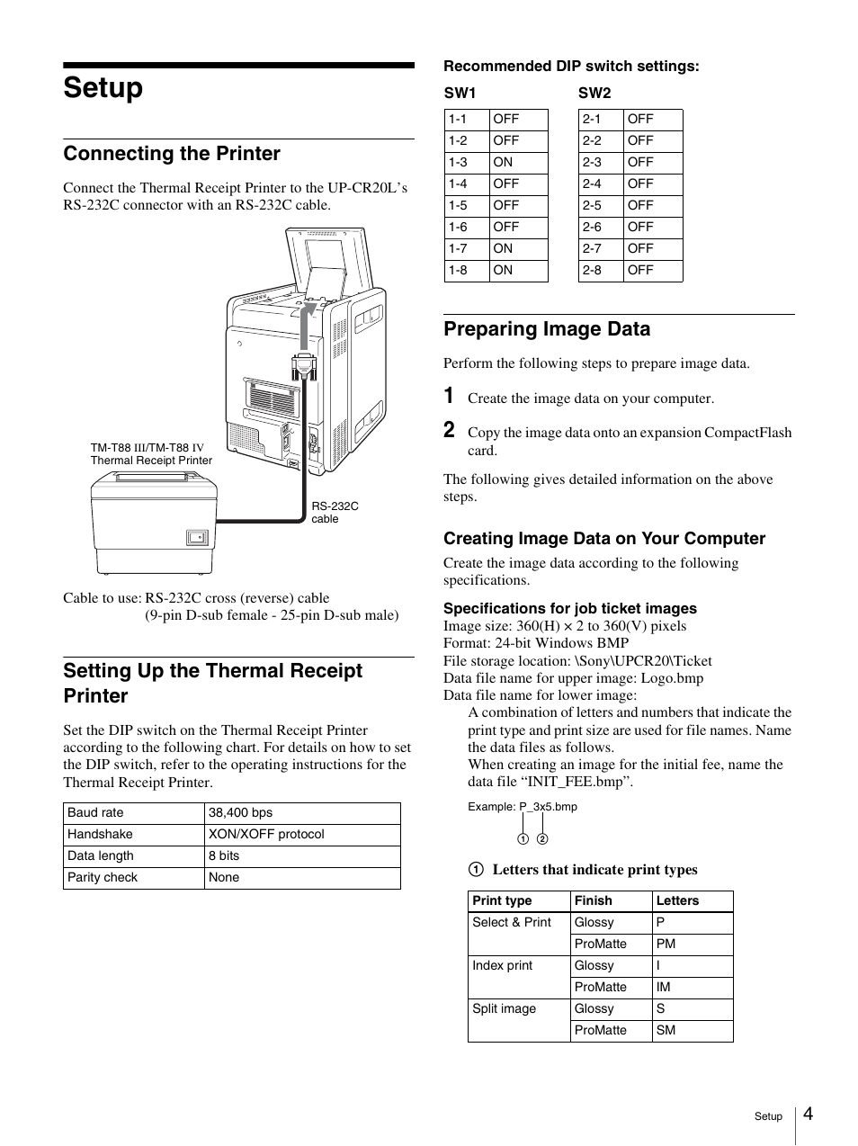 Setup, Connecting the printer, Setting up the thermal receipt printer | Preparing image data, Creating image data on your computer | Sony SNAPLAB UP-CR20L User Manual | Page 4 / 6