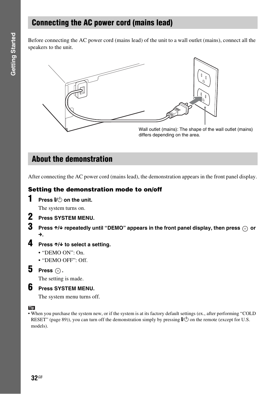 Connecting the ac power cord (mains lead), About the demonstration | Sony DAV-HDX685 User Manual | Page 32 / 116