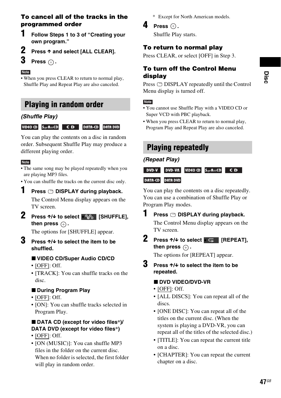 Playing in random order, Playing repeatedly | Sony DAV-HDX685 User Manual | Page 47 / 116