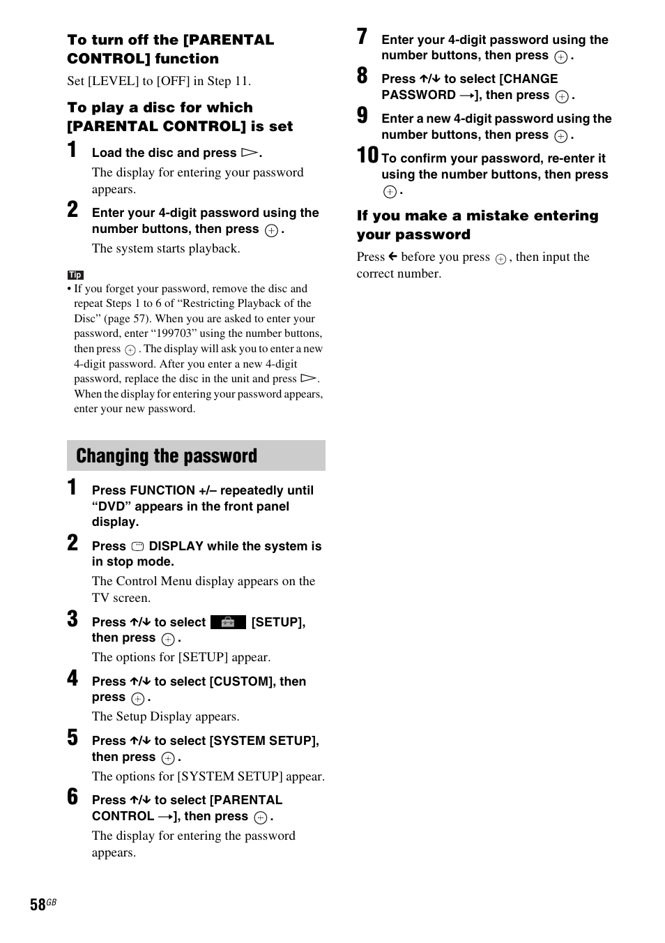 Changing the password | Sony DAV-HDX685 User Manual | Page 58 / 116