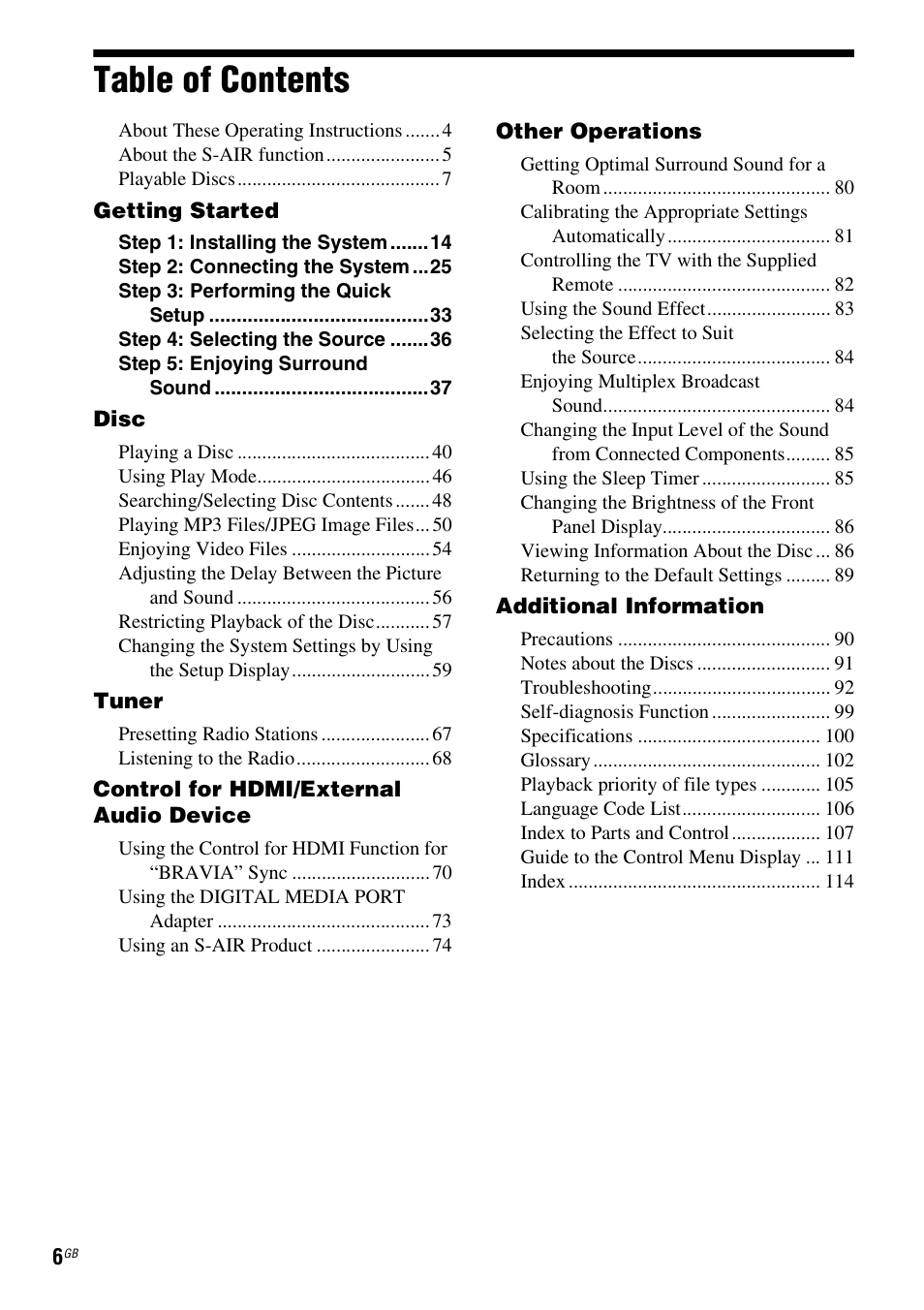 Sony DAV-HDX685 User Manual | Page 6 / 116