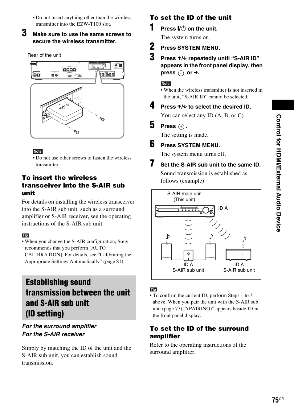 The system turns on, You can select any id (a, b, or c), The setting is made | The system menu turns off, For the surround amplifier for the s-air receiver, Press " / 1 on the unit, Press system menu, Press x / x to select the desired id, Press, Set the s-air sub unit to the same id | Sony DAV-HDX685 User Manual | Page 75 / 116