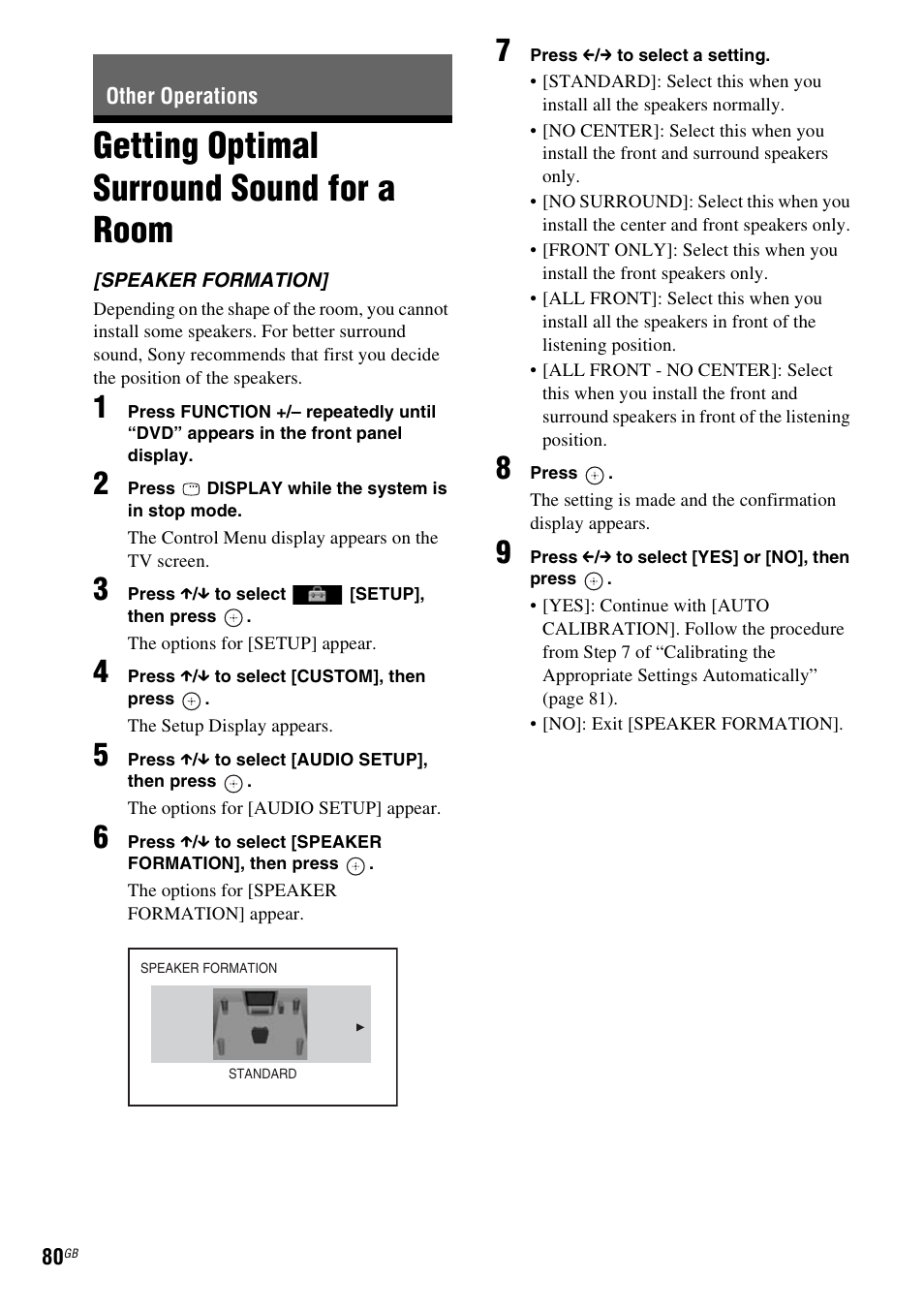 Other operations, Getting optimal surround sound for a room, Getting optimal surround sound for a | Room | Sony DAV-HDX685 User Manual | Page 80 / 116