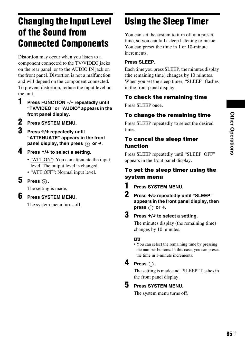 Using the sleep timer, Changing the input level of the sound, From connected components | Sony DAV-HDX685 User Manual | Page 85 / 116