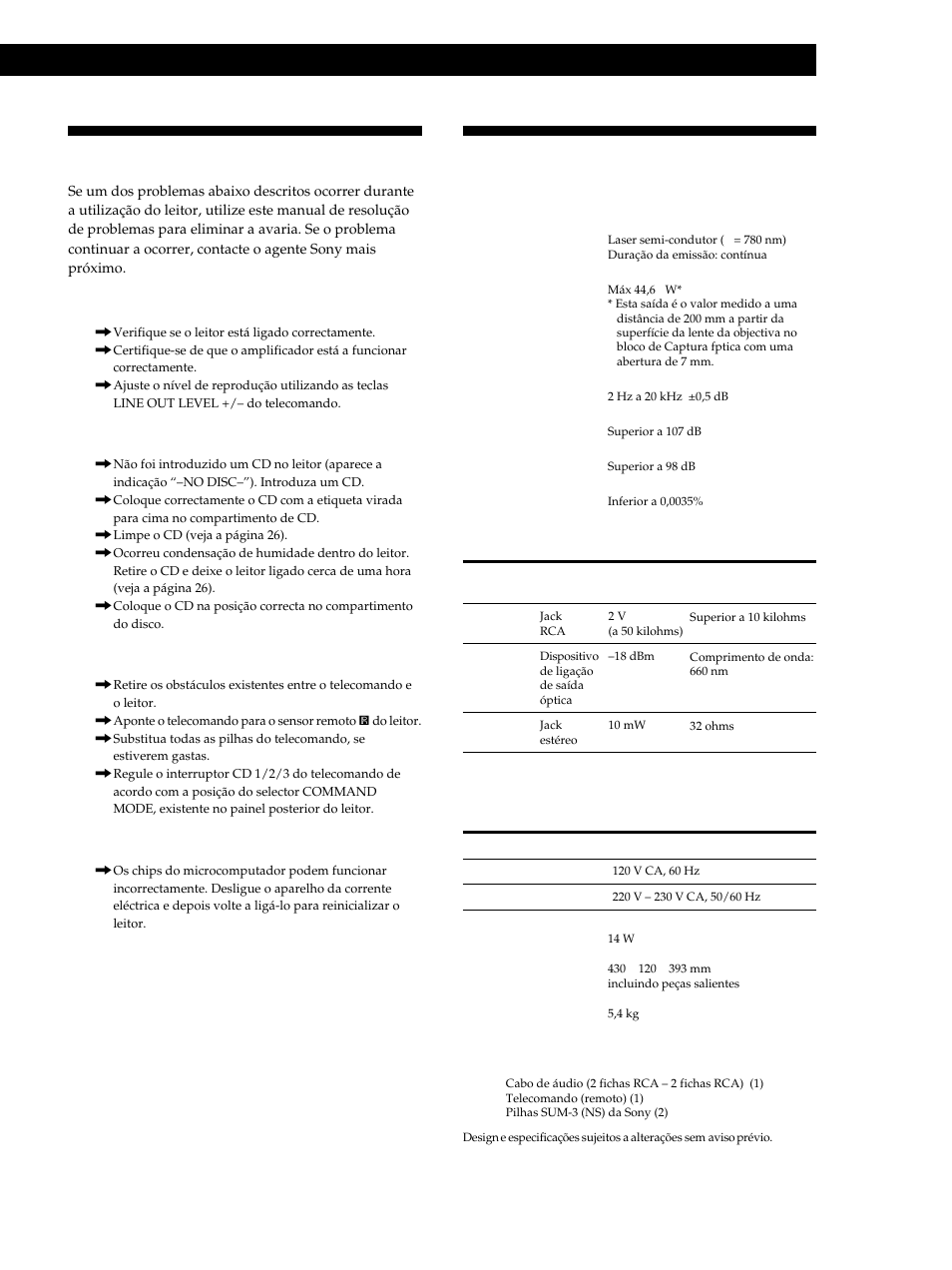 Resolução de problemas, Especificações, Informações suplementares | Sony CDP-CE515 User Manual | Page 111 / 112