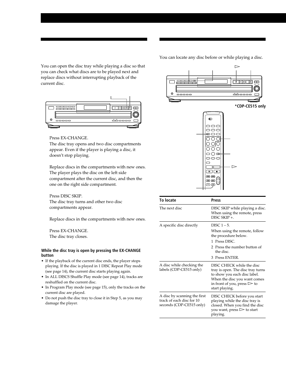 Replacing discs while playing a disc, Locating a specific disc, Playing cds | Sony CDP-CE515 User Manual | Page 12 / 112