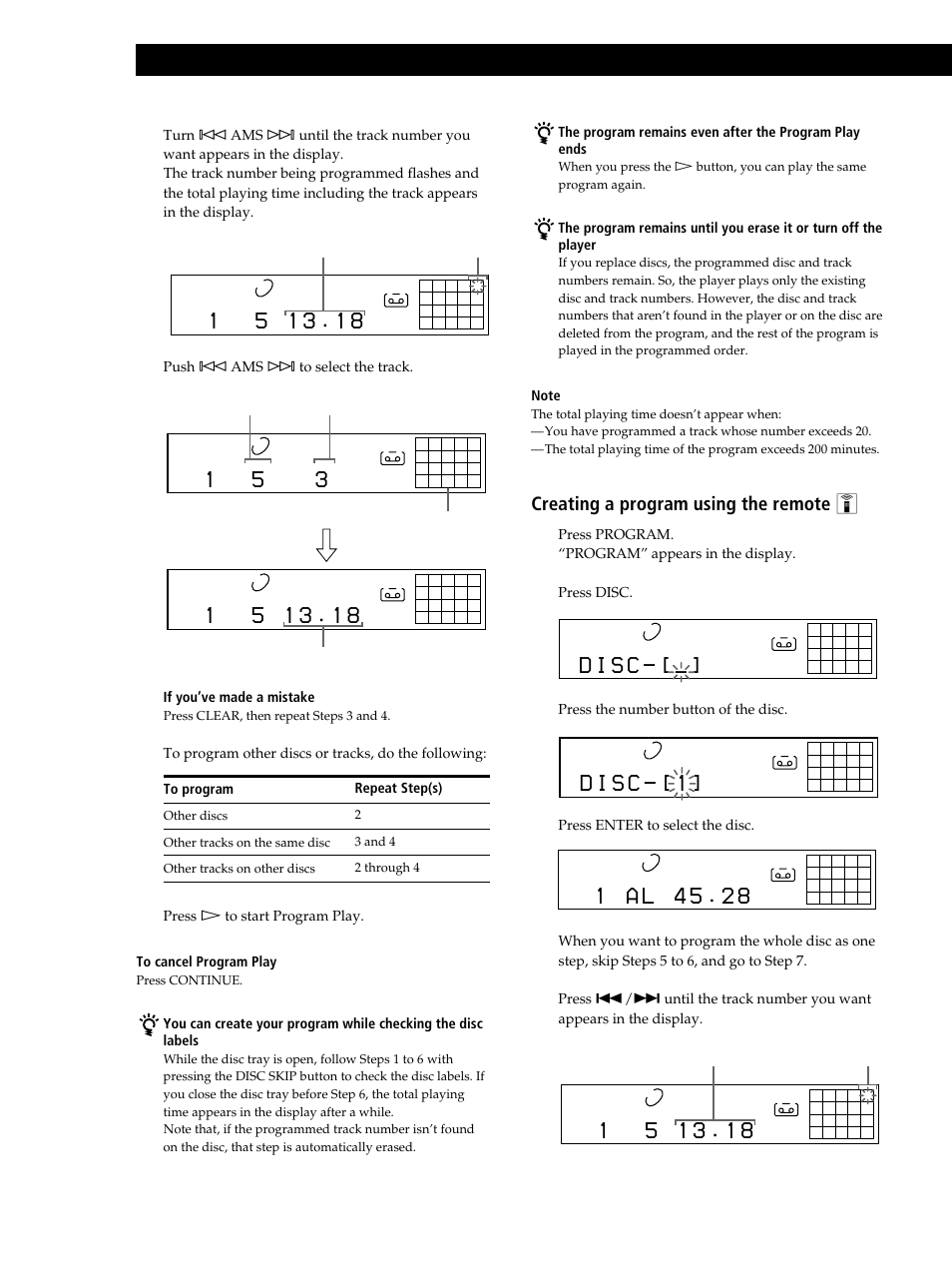 D i s c, Playing cds, Creating a program using the remote z 1 | Sony CDP-CE515 User Manual | Page 16 / 112