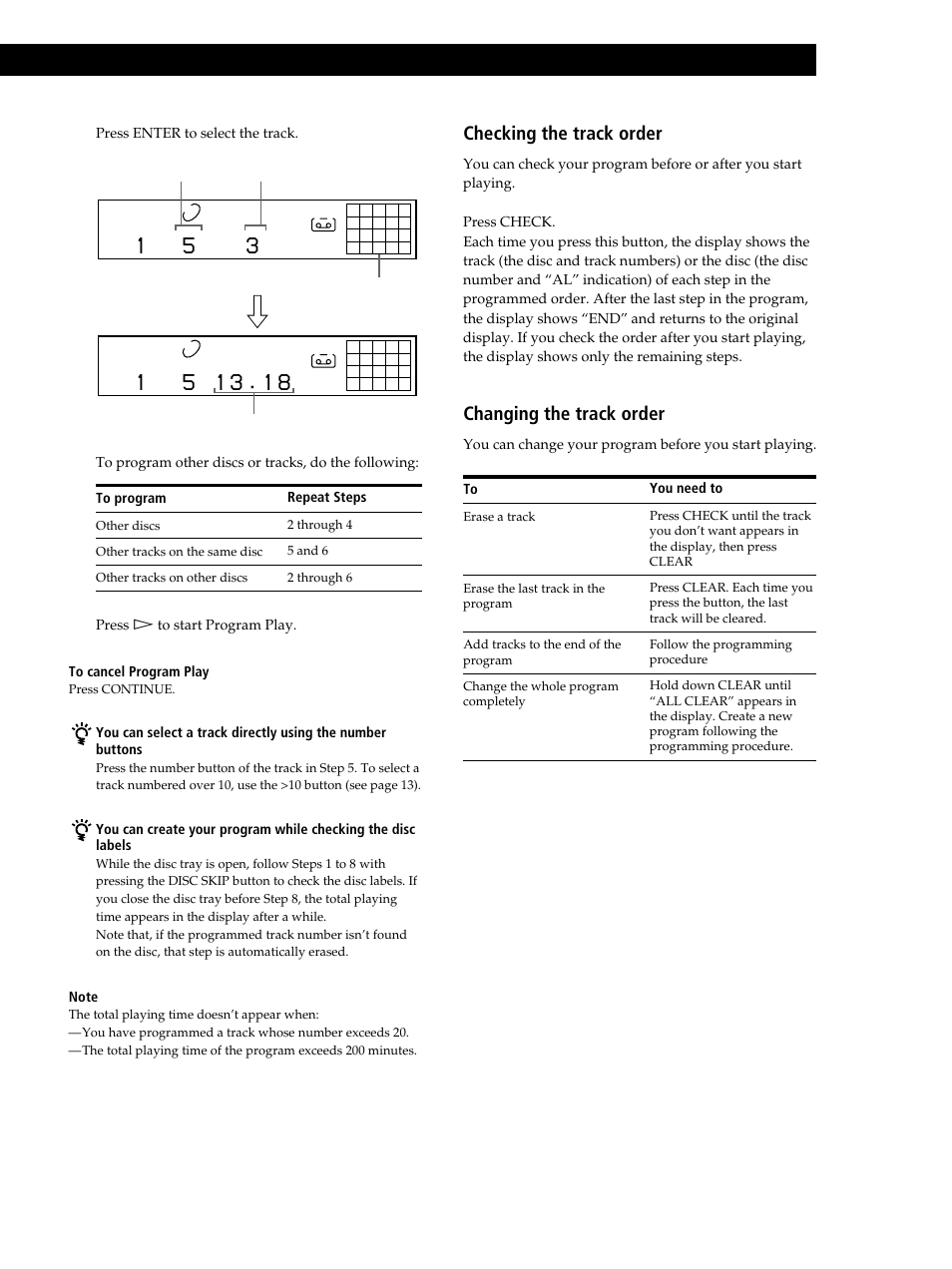 Playing cds, Checking the track order, Changing the track order | Sony CDP-CE515 User Manual | Page 17 / 112