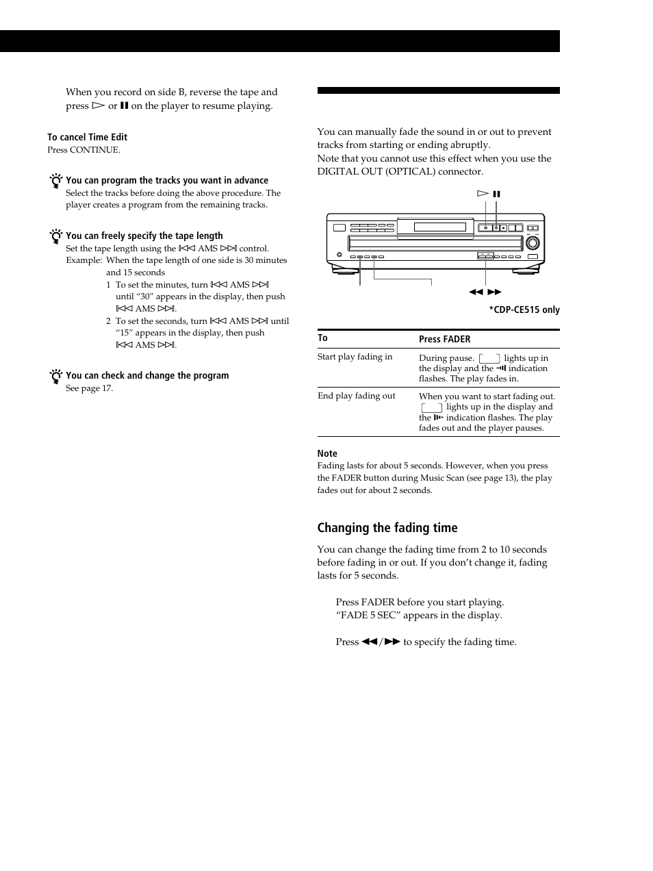 Fading in or out, Recording from cds, Changing the fading time | Sony CDP-CE515 User Manual | Page 21 / 112