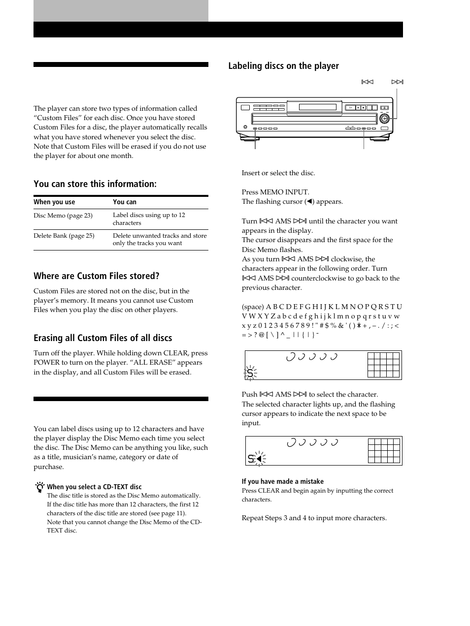 What you can do with the custom files, Locating a scene or track you want, You can store this information | Where are custom files stored, Erasing all custom files of all discs | Sony CDP-CE515 User Manual | Page 23 / 112