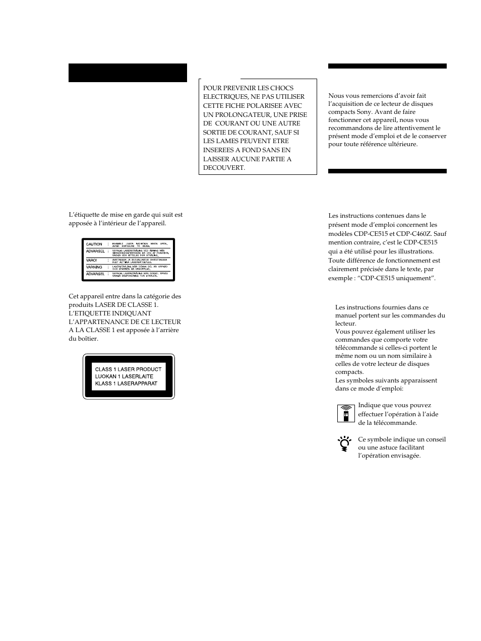 Bienvenue, A propos de ce manuel, Avertissement | Sony CDP-CE515 User Manual | Page 30 / 112