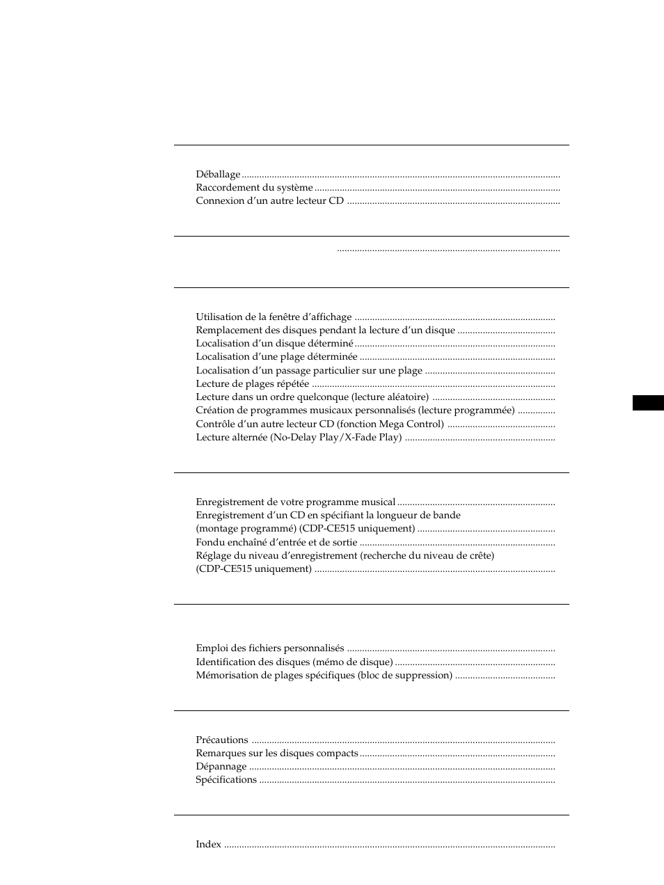 Able des matieres | Sony CDP-CE515 User Manual | Page 31 / 112