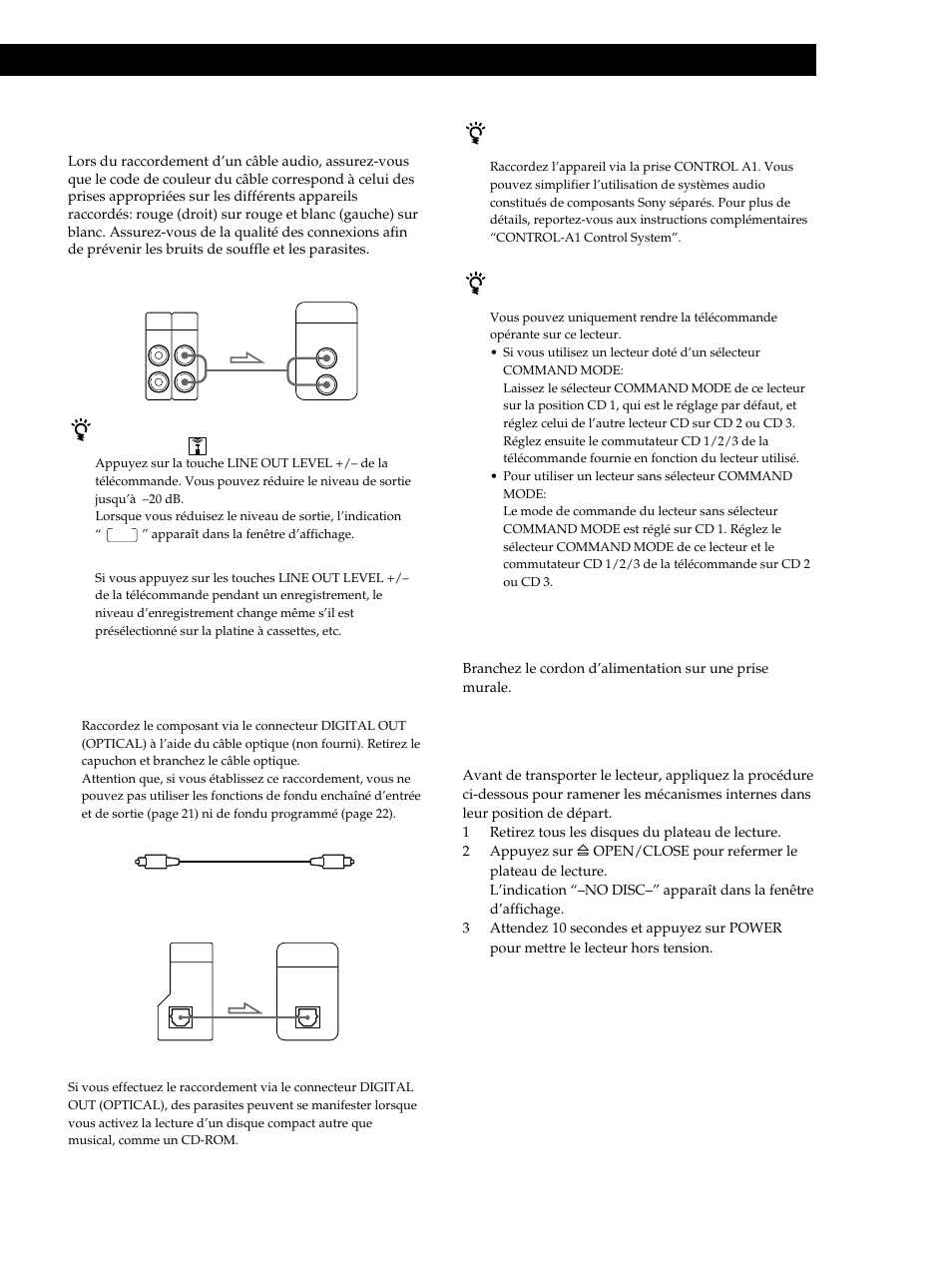 Préparation, Préparation raccordement, Branchement du cordon d’alimentation | Transport du lecteur | Sony CDP-CE515 User Manual | Page 33 / 112