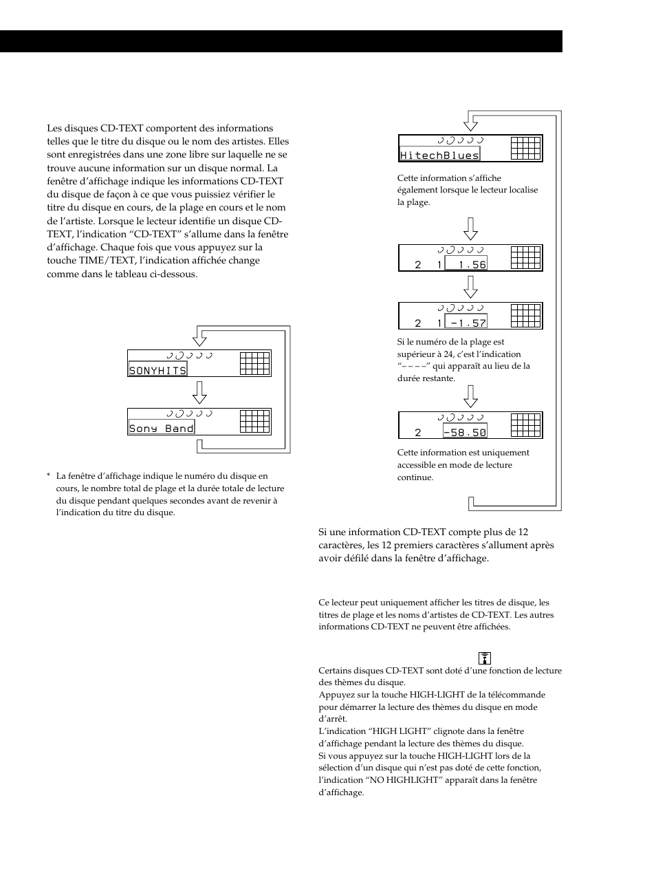 Lecture de disques compacts, Vérification des informations des disques cd-text, Pendant la lecture d’un disque | Pour reproduire les thèmes du disque | Sony CDP-CE515 User Manual | Page 39 / 112