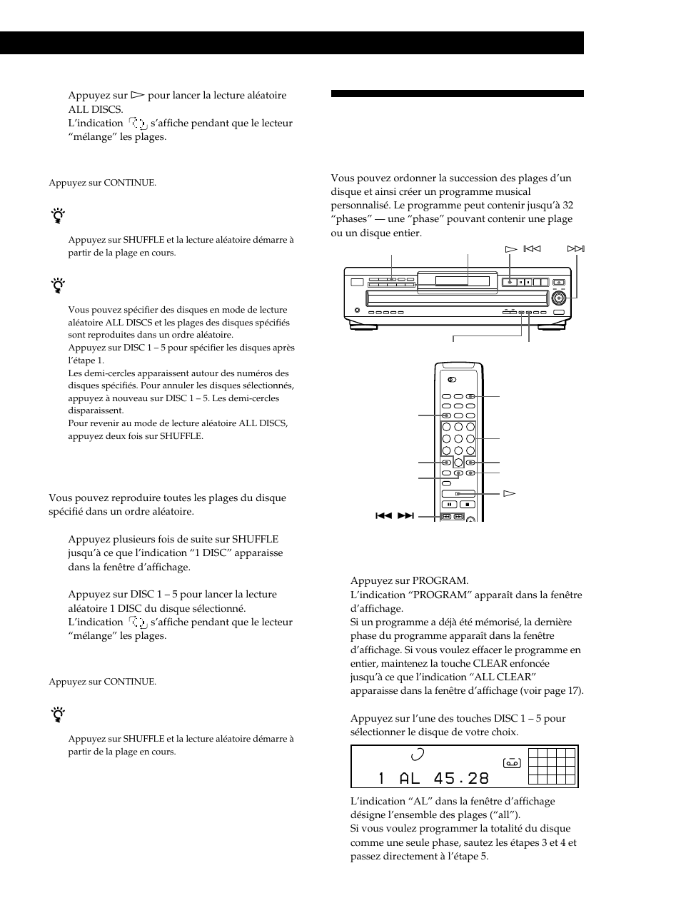 Lecture de disques compacts, Lecture aléatoire d’un seul disque, Création d’un programme musical sur le lecteur 1 | Sony CDP-CE515 User Manual | Page 43 / 112