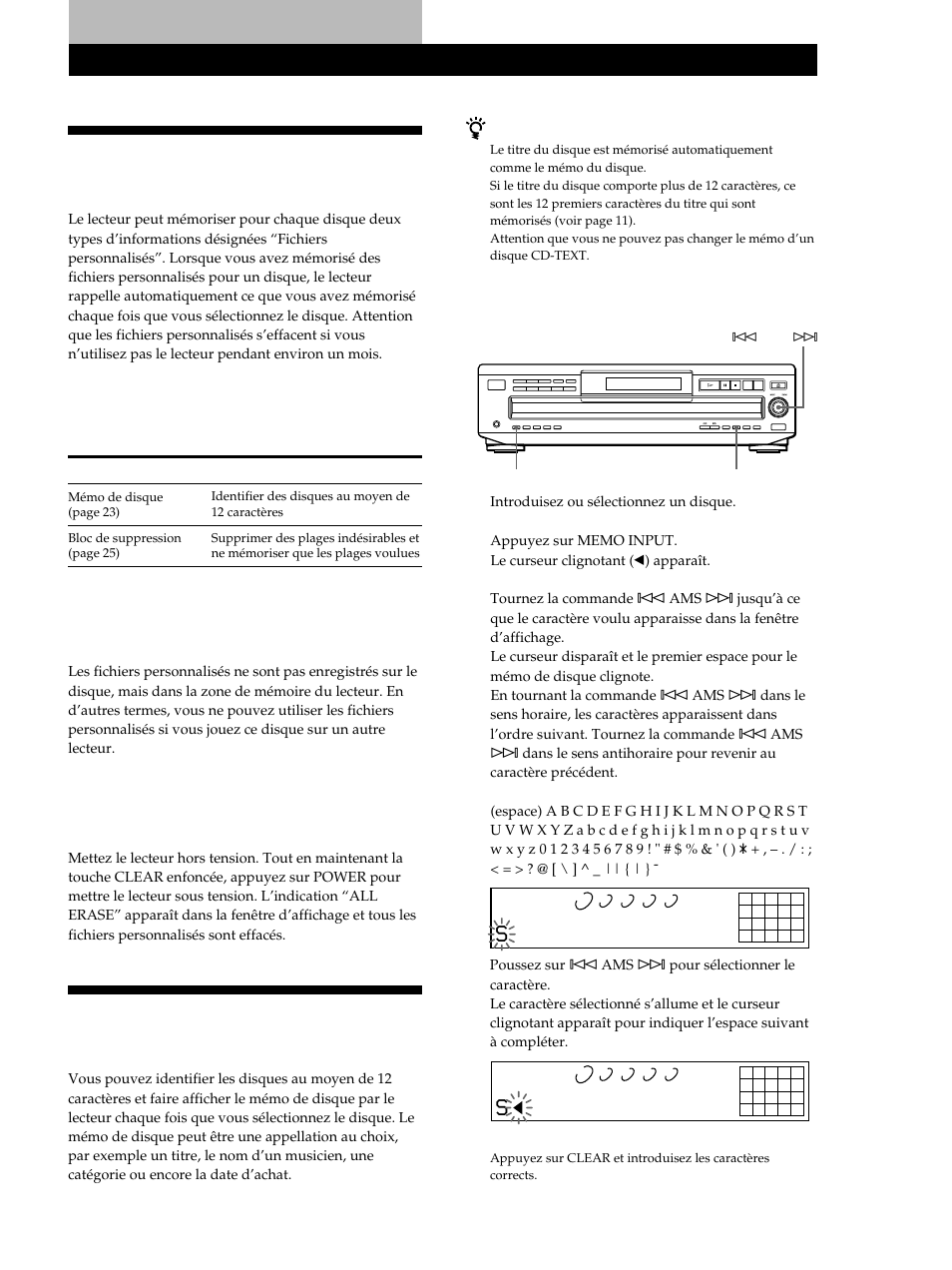 Emploi des fichiers personnalisés, Identification des disques (mémo de disque), Vous pouvez enregistrer les informations suivantes | Identification de disques sur le lecteur 1, Suite page suivante) | Sony CDP-CE515 User Manual | Page 51 / 112