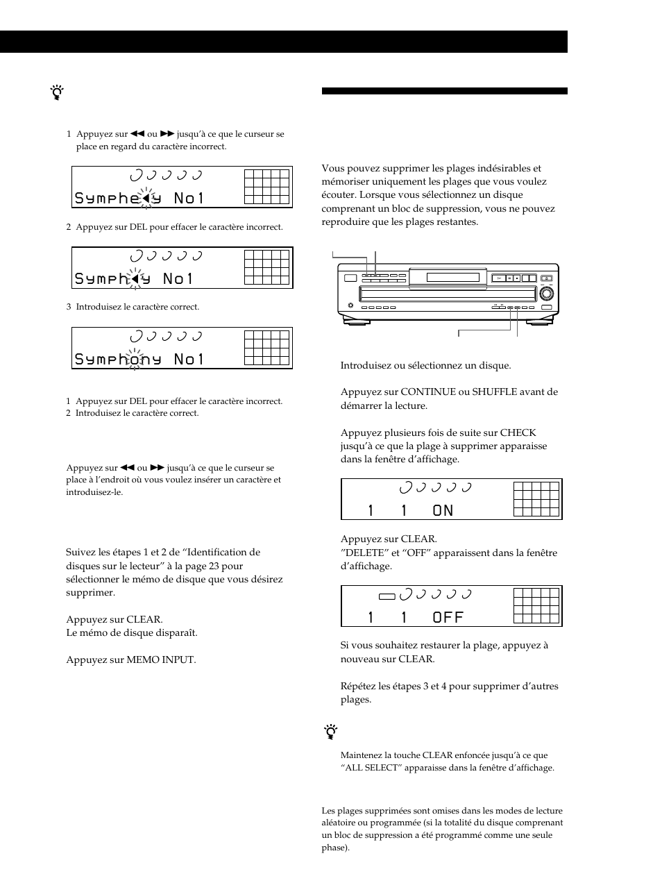 1 1 o n, 1 1 o f f, Suppression du mémo de disque 1 | Sony CDP-CE515 User Manual | Page 53 / 112