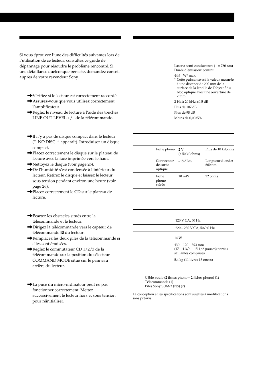 Dépannage, Spécifications, Informations complémentaires | Sony CDP-CE515 User Manual | Page 55 / 112