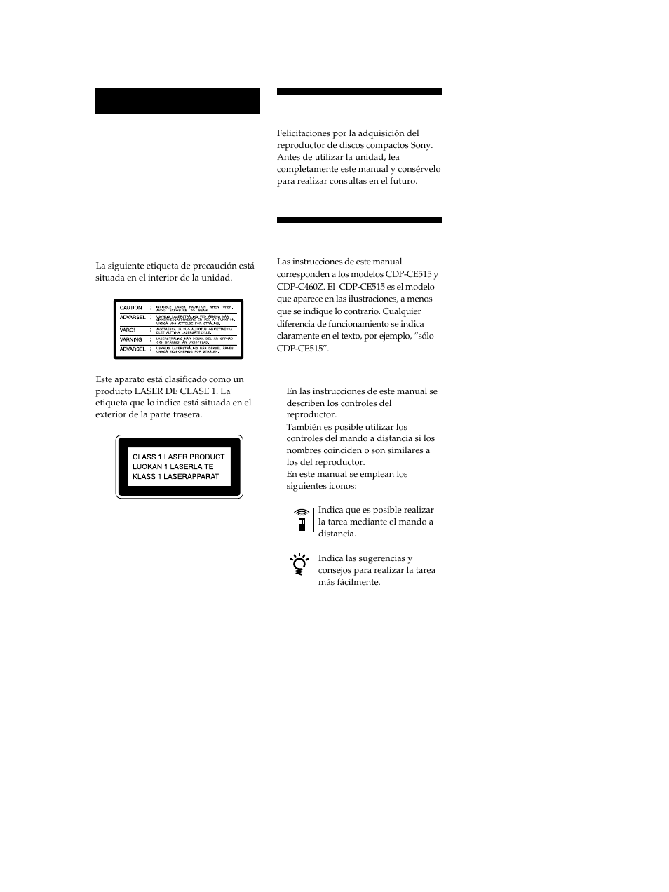 Acerca de este manual, Bienvenido, Advertencia | Sony CDP-CE515 User Manual | Page 58 / 112