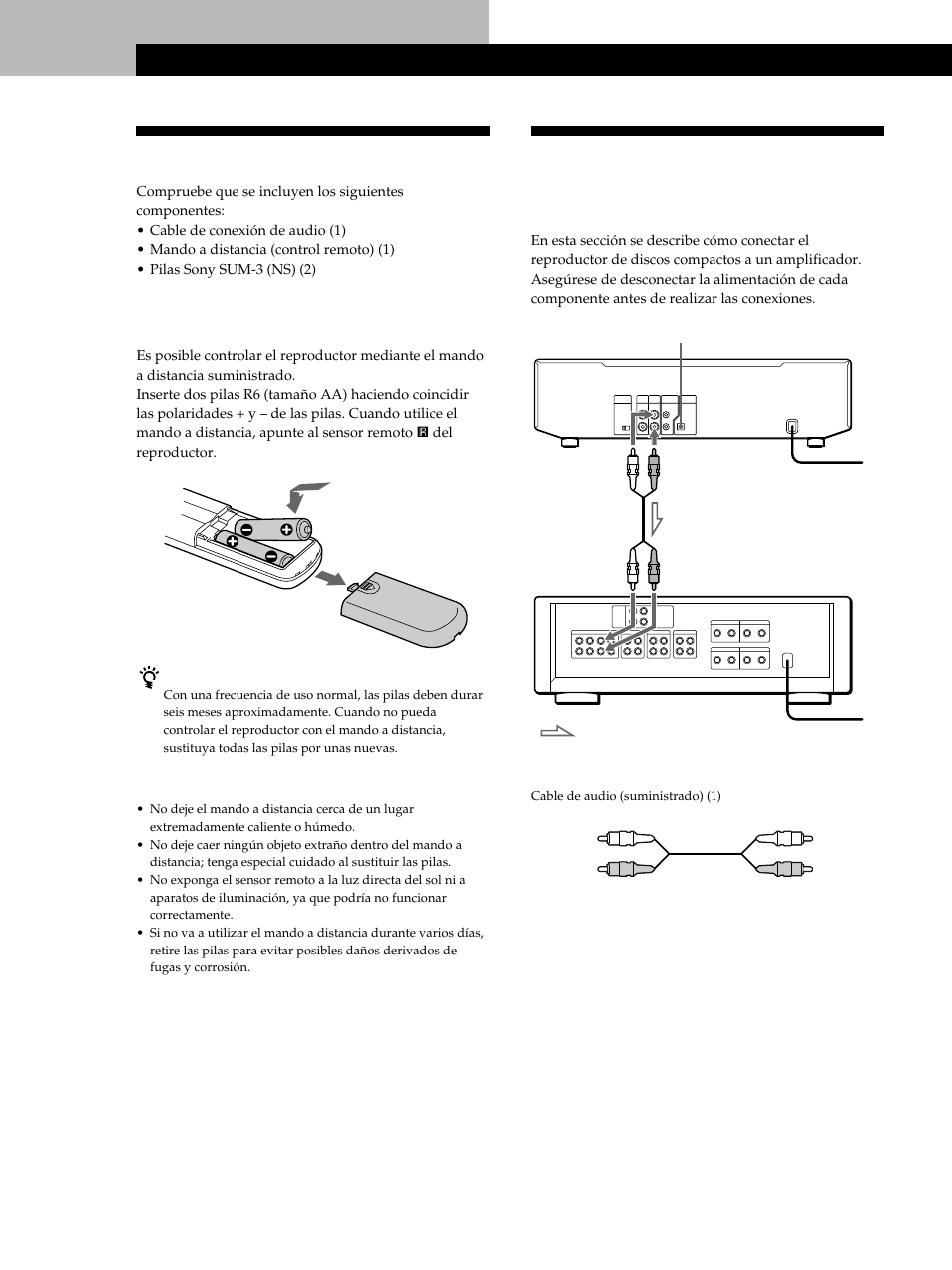 Desembalaje, Conexión del sistema, Procedimientos iniciales | Inserción de pilas en el mando a distancia, Descripción general | Sony CDP-CE515 User Manual | Page 60 / 112