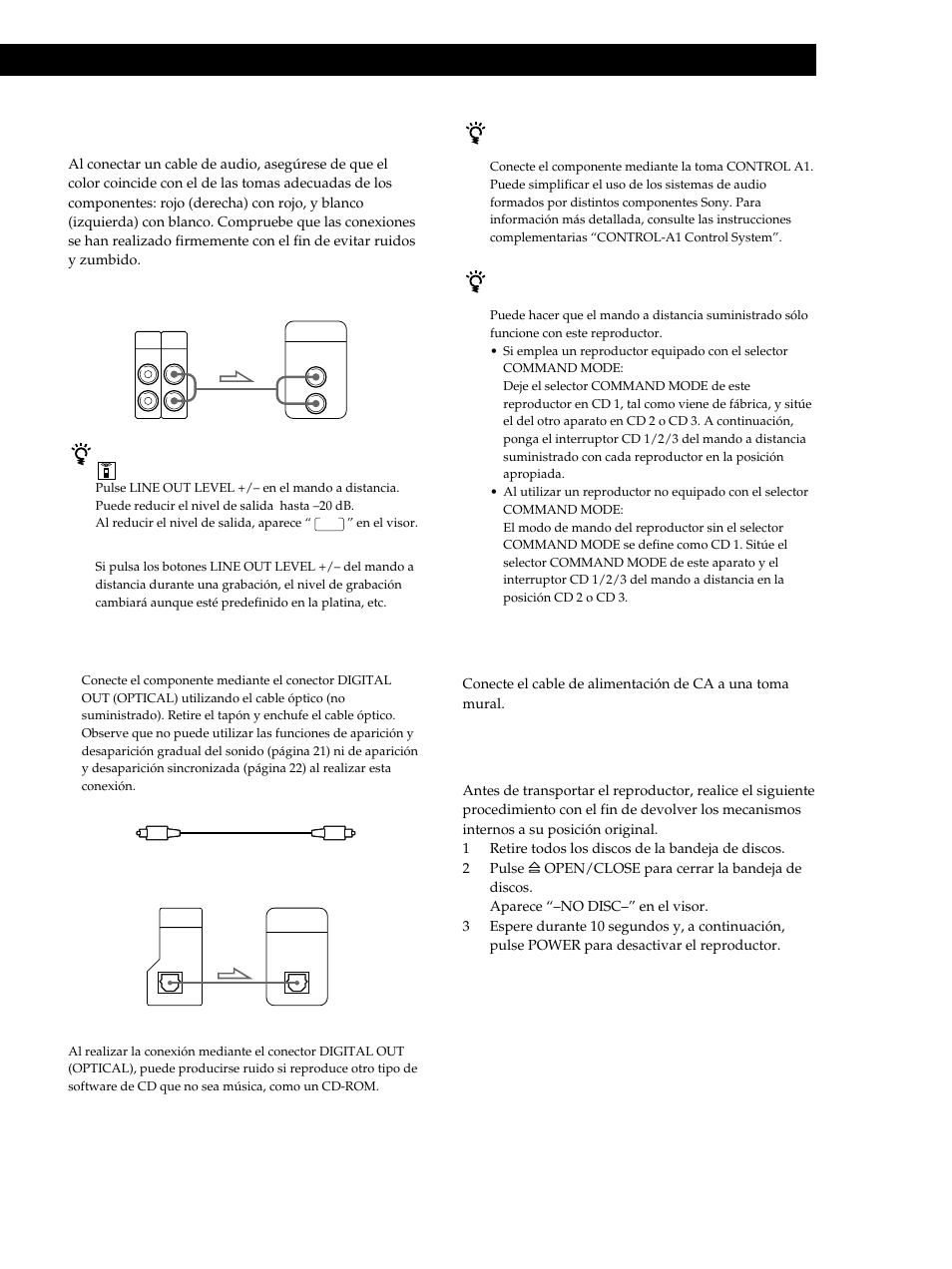 Procedimientos iniciales, Conexiones, Conexión del cable de alimentación de ca | Transporte del reproductor | Sony CDP-CE515 User Manual | Page 61 / 112